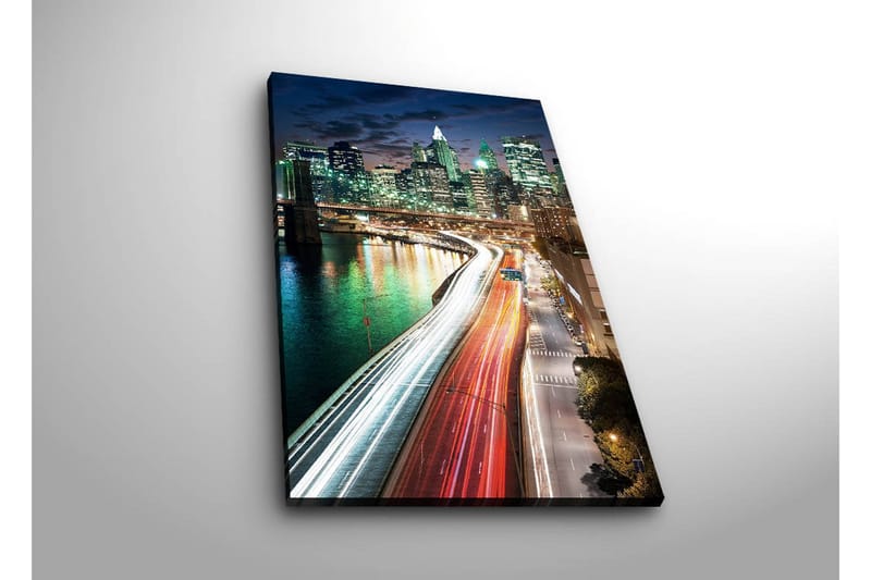 Canvastavla med LED-belysning 70x45 cm - Stadslandskap med ljusspel från bilar och byggnader vid en bro - Grön / Blå / Röd - Inredning & dekor - Tavlor & konst - Canvastavla
