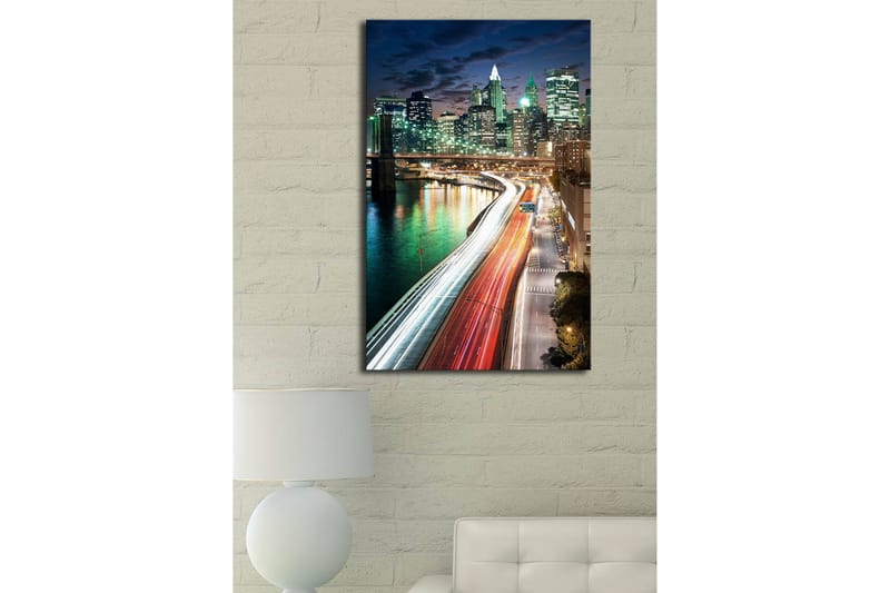 Canvastavla med LED-belysning 70x45 cm - Stadslandskap med ljusspel från bilar och byggnader vid en bro - Grön / Blå / Röd - Inredning & dekor - Tavlor & konst - Canvastavla