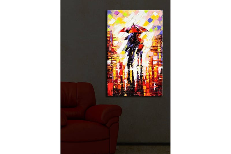 Canvastavla med LED-belysning 70x45 cm - Par med paraplyer som promenerar i regnet - Röd / Svart / Gul - Inredning & dekor - Tavlor & konst - Canvastavla