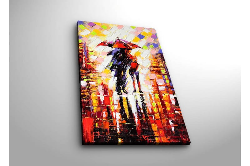 Canvastavla med LED-belysning 70x45 cm - Par med paraplyer som promenerar i regnet - Röd / Svart / Gul - Inredning & dekor - Tavlor & konst - Canvastavla