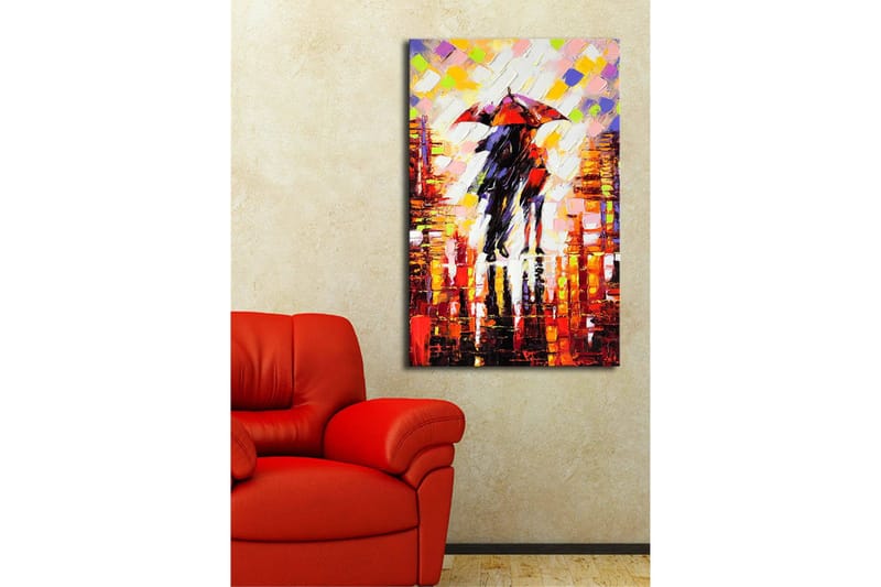 Canvastavla med LED-belysning 70x45 cm - Par med paraplyer som promenerar i regnet - Röd / Svart / Gul - Inredning & dekor - Tavlor & konst - Canvastavla