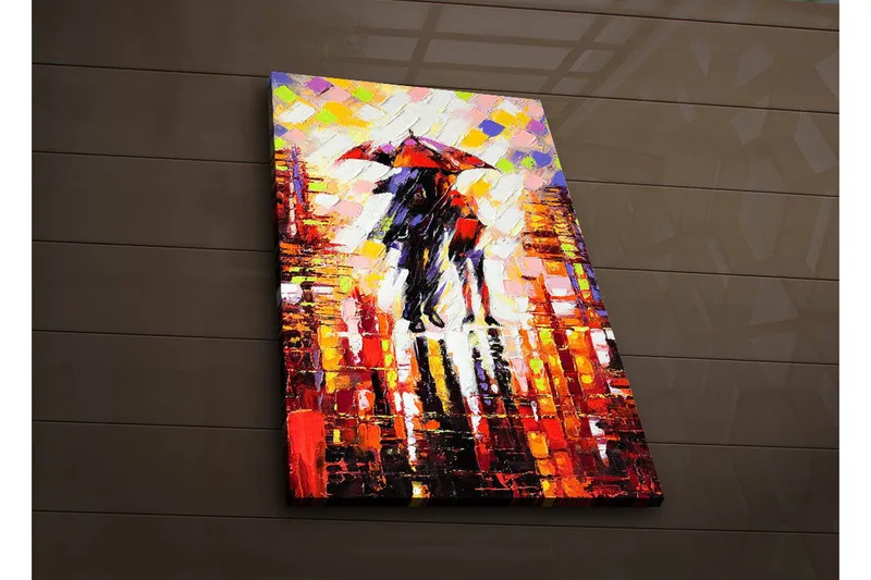 Canvastavla med LED-belysning 70x45 cm - Par med paraplyer som promenerar i regnet - Röd / Svart / Gul - Inredning & dekor - Tavlor & konst - Canvastavla