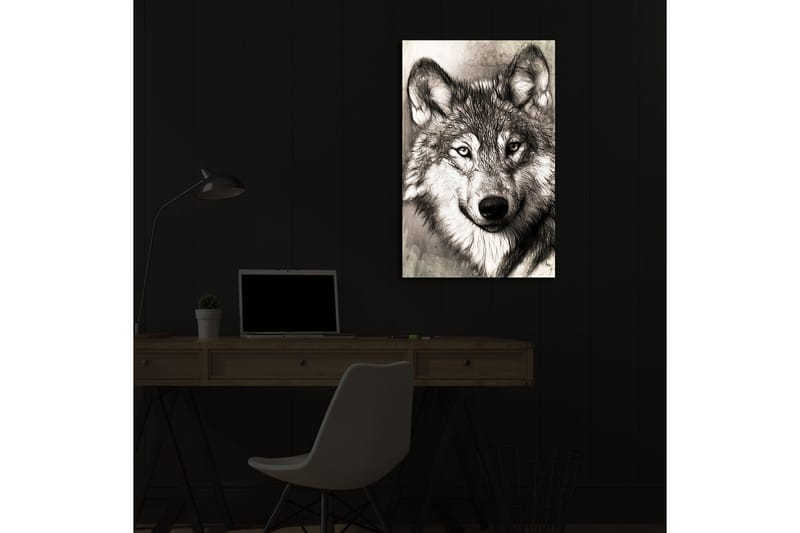 Canvastavla med LED-belysning 70x45 cm - Porträtt av en varg med uttrycksfulla detaljer - Svart / Grå / Vit - Inredning & dekor - Tavlor & konst - Canvastavla