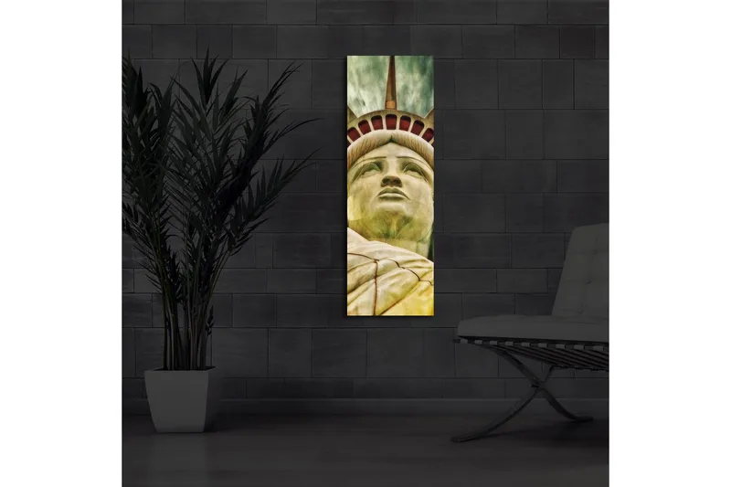 Canvastavla med LED-belysning 90x30 cm - Staty av frihetsgudinnan med fokus på ansiktet och kronan - Grön / Gul / Röd - Inredning & dekor - Tavlor & konst - Canvastavla