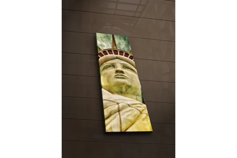 Canvastavla med LED-belysning 90x30 cm - Staty av frihetsgudinnan med fokus på ansiktet och kronan - Grön / Gul / Röd - Inredning & dekor - Tavlor & konst - Canvastavla