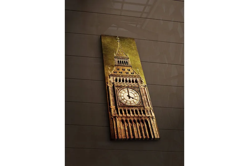 Canvastavla med LED-belysning 90x30 cm - Storslagen klocktorn med detaljerad arkitektur, Guld / Brun / Beige