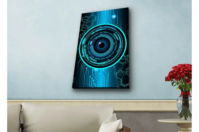 Canvastavla med LED-belysning - Abstrakt komposition med cirkulära mönster och teknologiska inslag - Mörkblå / Turkos / Svart - Inredning & dekor - Tavlor & konst - Canvastavla