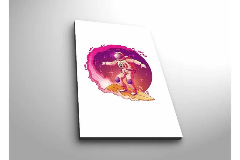 Canvastavla med LED-belysning - Astronaut som surfar genom rymden, Rosa / Lila / Beige