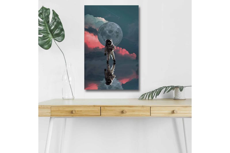 Canvastavla med LED-belysning - Astronaut som svävar i en drömlik rymdmiljö med en stor måne i bakgrunden - Mörkblå / Rosa / Grå - Inredning & dekor - Tavlor & konst - Canvastavla