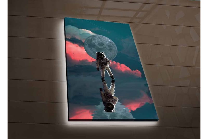 Canvastavla med LED-belysning - Astronaut som svävar i en drömlik rymdmiljö med en stor måne i bakgrunden - Mörkblå / Rosa / Grå - Inredning & dekor - Tavlor & konst - Canvastavla