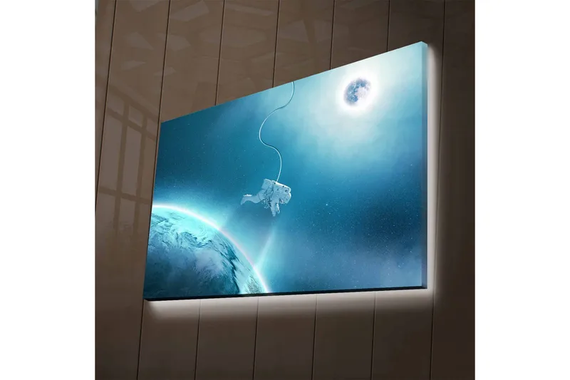 Canvastavla med LED-belysning - Astronaut svävande i rymden över jorden, Blå / Turkos / Vit