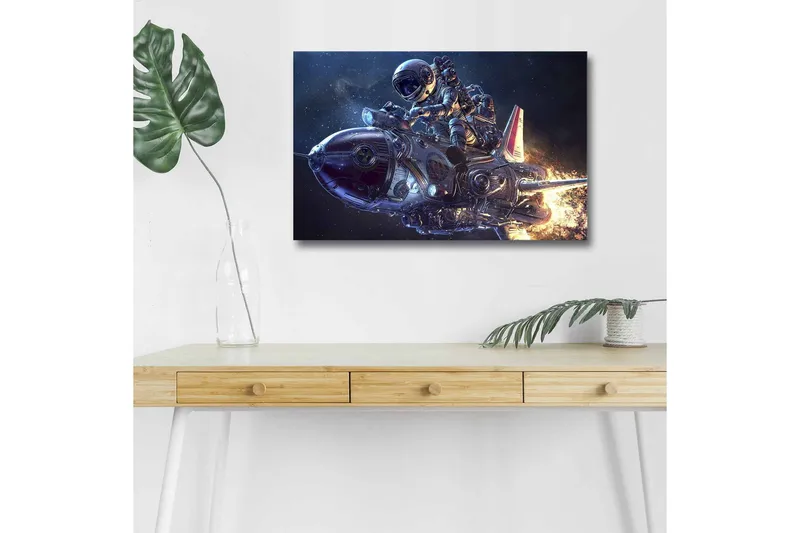 Canvastavla med LED-belysning - Astronaut på en futuristisk raket i rymden, M örkblå / Silver / Orange