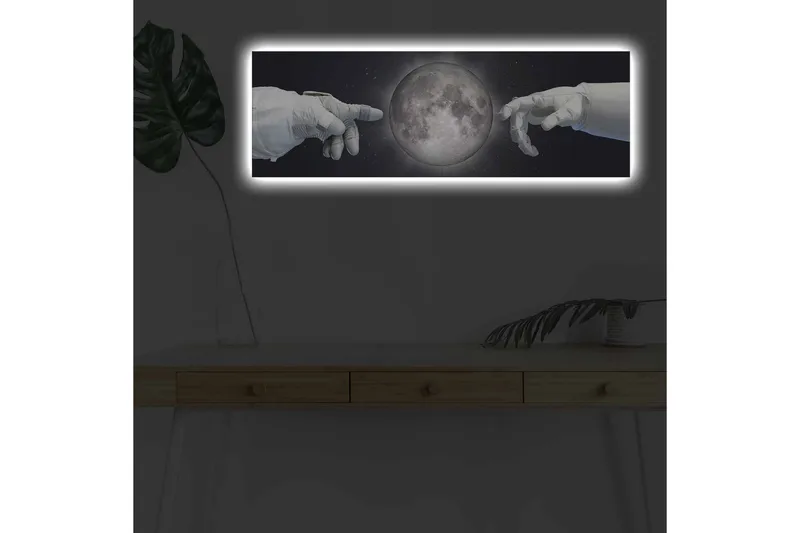 Canvastavla med LED-belysning - Astronauthänder som sträcker sig mot månen, Grå / Svart / Vit