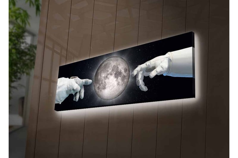 Canvastavla med LED-belysning - Astronauthänder som sträcker sig mot månen - Grå / Svart / Vit - Inredning & dekor - Tavlor & konst - Canvastavla