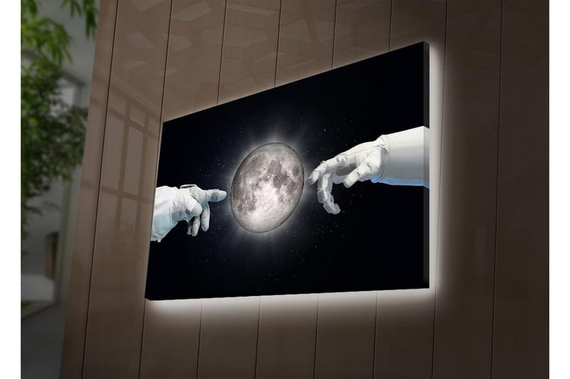 Canvastavla med LED-belysning - Astronauthänder som sträcker sig mot månen - Vit / Svart / Grå - Inredning & dekor - Tavlor & konst - Canvastavla