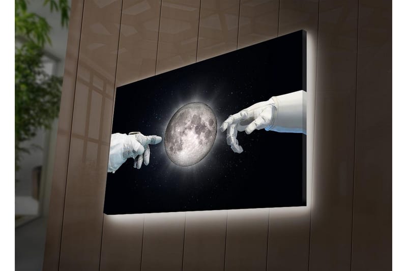 Canvastavla med LED-belysning - Astronauthänder som sträcker sig mot månen - Vit / Svart / Grå - Inredning & dekor - Tavlor & konst - Canvastavla