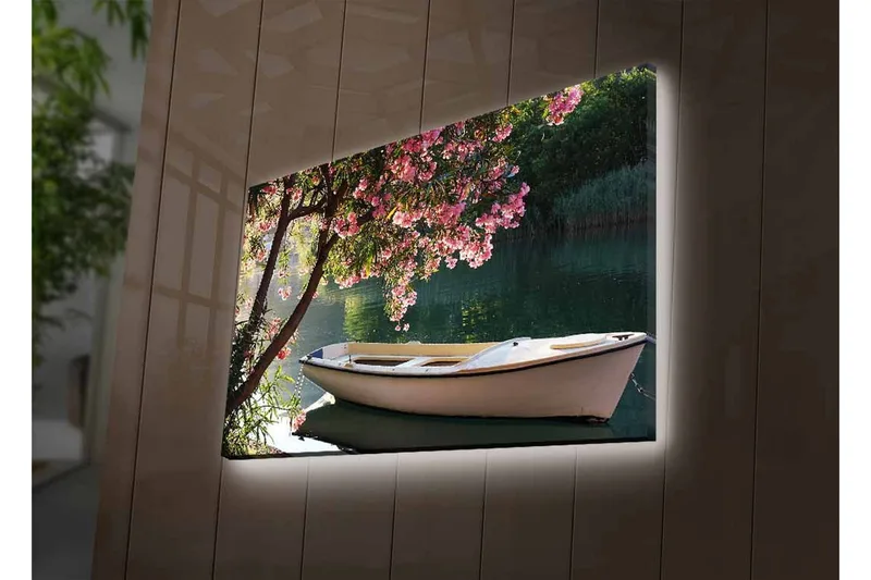 Canvastavla med LED-belysning - Båt vid en blommande trädkant vid vattnet - Rosa / Grön / Vit - Inredning & dekor - Tavlor & konst - Canvastavla