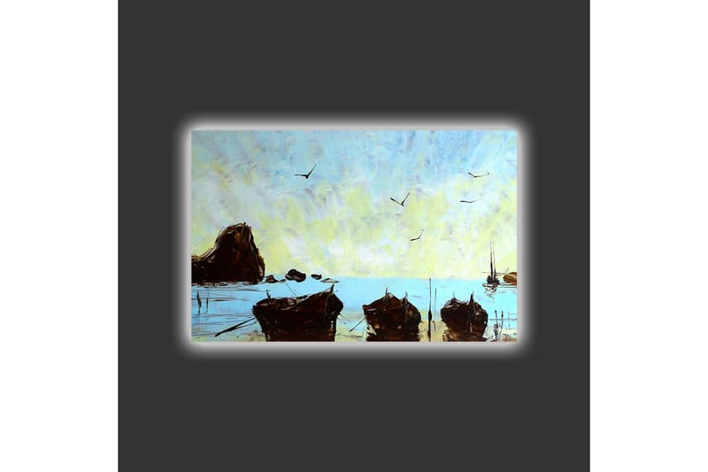 Canvastavla med LED-belysning - Båtar vid en stilla havsstrand under en klar himmel - Blå / Brun / Gul - Inredning & dekor - Tavlor & konst - Canvastavla