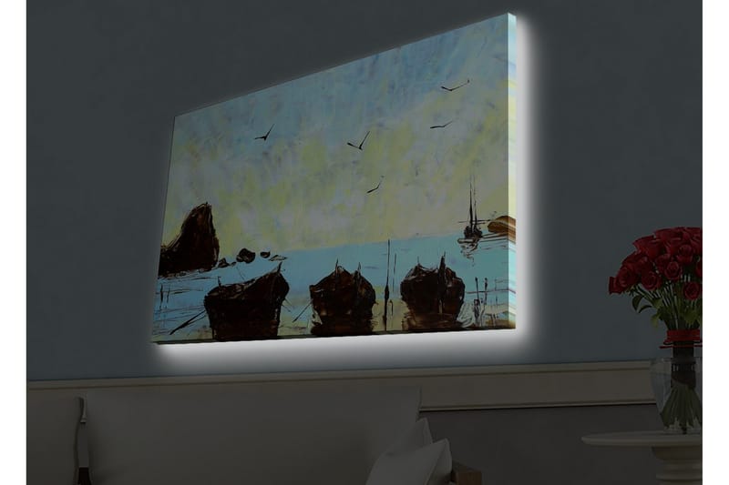 Canvastavla med LED-belysning - Båtar vid en stilla havsstrand under en klar himmel - Blå / Brun / Gul - Inredning & dekor - Tavlor & konst - Canvastavla