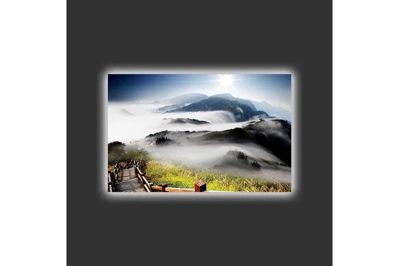 Canvastavla med LED-belysning - Berglandskap med dimma och solens strålar - Grön / Blå / Vit - Inredning & dekor - Tavlor & konst - Canvastavla