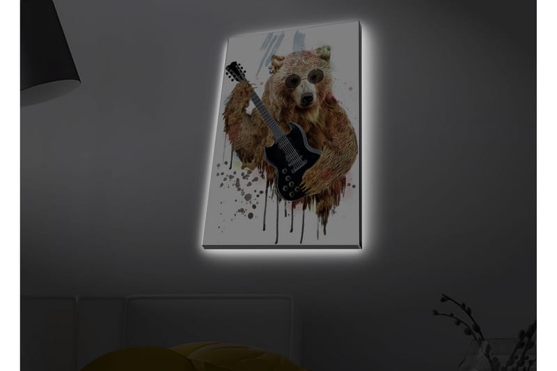 Canvastavla med LED-belysning - Björn som spelar elgitarr med solglasögon, Brun / Svart / Beige