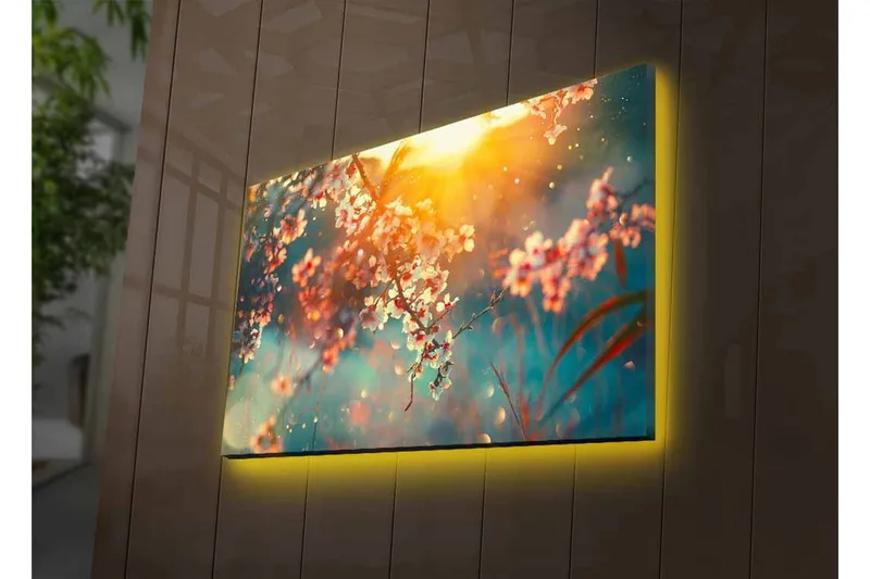 Canvastavla med LED-belysning - Blommande grenar i mjukt ljus - Rosa / Blå / Guld - Inredning & dekor - Tavlor & konst - Canvastavla