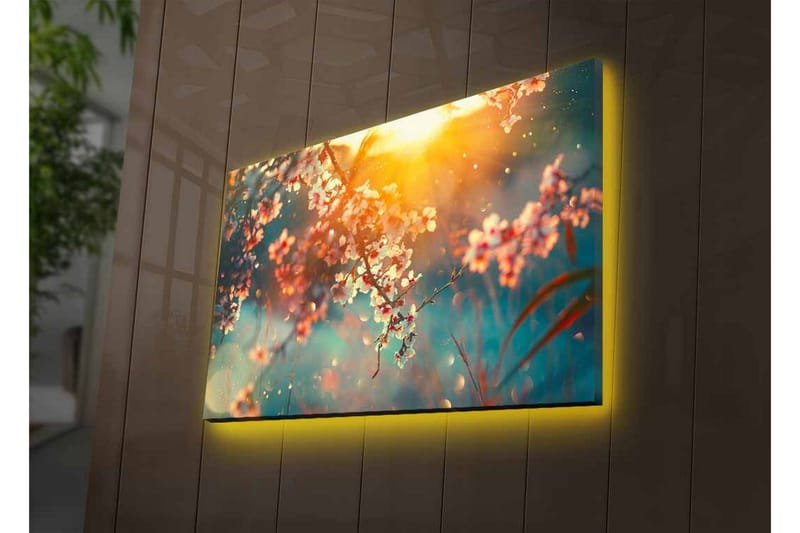 Canvastavla med LED-belysning - Blommande grenar i mjukt ljus - Rosa / Blå / Guld - Inredning & dekor - Tavlor & konst - Canvastavla