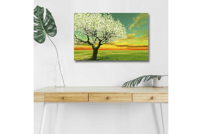 Canvastavla med LED-belysning - Blomstrande träd vid solnedgången - Grön / Vit / Orange - Inredning & dekor - Tavlor & konst - Canvastavla
