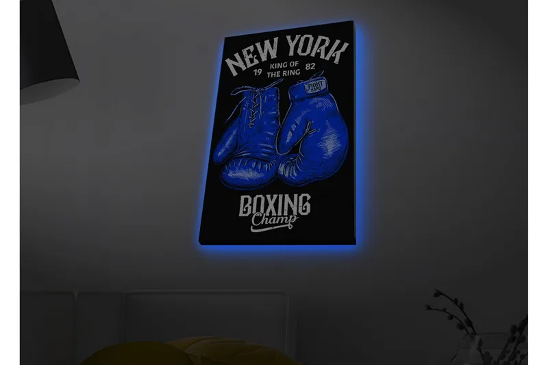 Canvastavla med LED-belysning - Boxhandskar med text och grafiska detaljer - Blå / Svart - Inredning & dekor - Tavlor & konst - Canvastavla