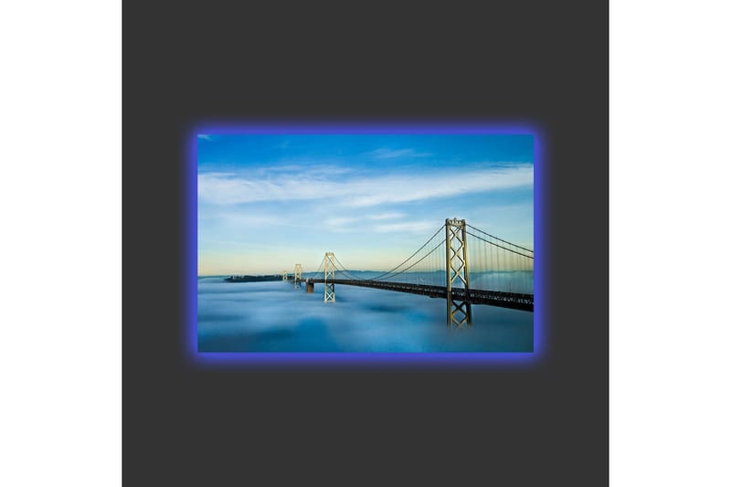 Canvastavla med LED-belysning - Bro över dimmig vattenyta med en klar himmel - Blå / Grå / Vit - Inredning & dekor - Tavlor & konst - Canvastavla