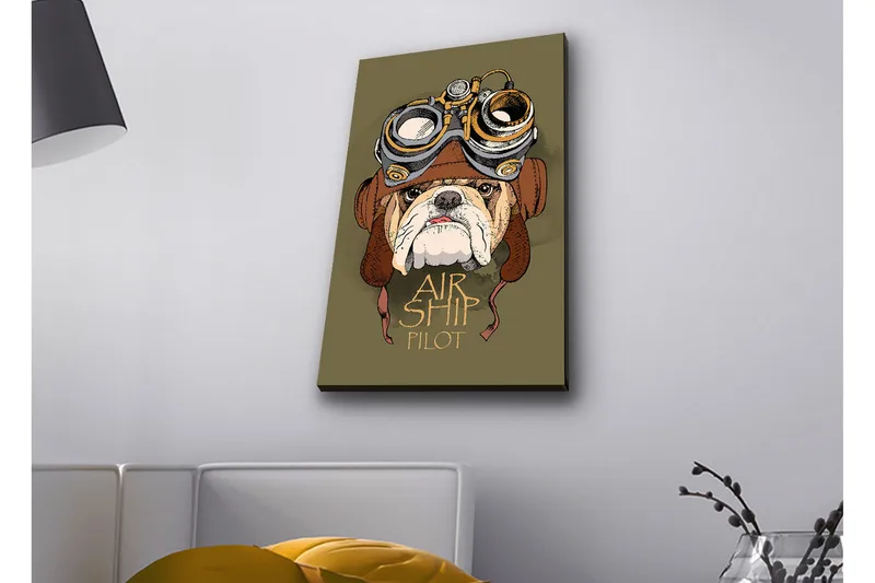 Canvastavla med LED-belysning - Bulldog i pilotutrustning med goggles, Grön / Brun / Vit