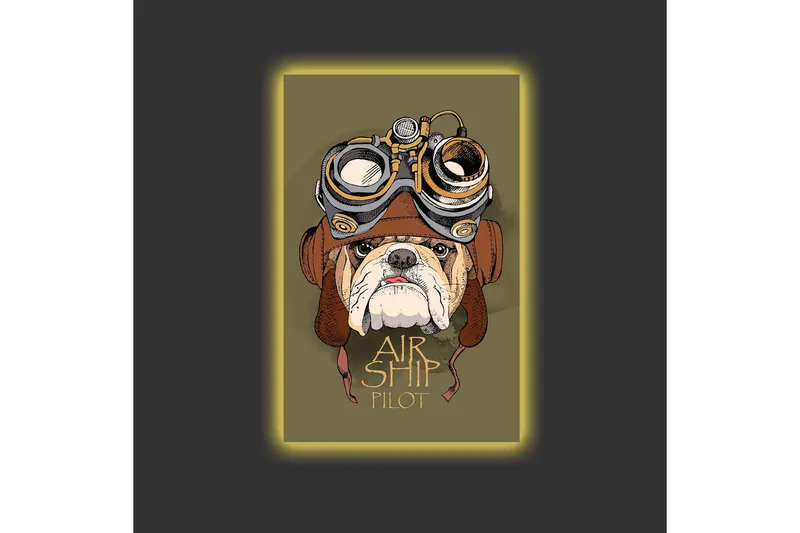 Canvastavla med LED-belysning - Bulldog i pilotutrustning med goggles - Grön / Brun / Vit - Inredning & dekor - Tavlor & konst - Canvastavla