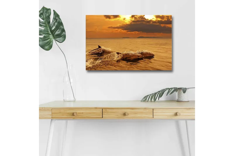 Canvastavla med LED-belysning - Delfiner som hoppar i solnedgångens glödande ljus, Guld / Orange / Brun