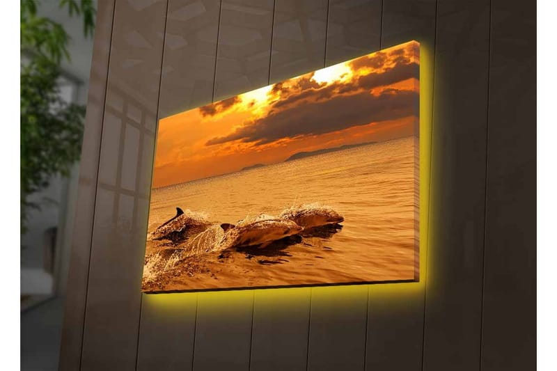 Canvastavla med LED-belysning - Delfiner som hoppar i solnedgångens glödande ljus - Guld / Orange / Brun - Inredning & dekor - Tavlor & konst - Canvastavla