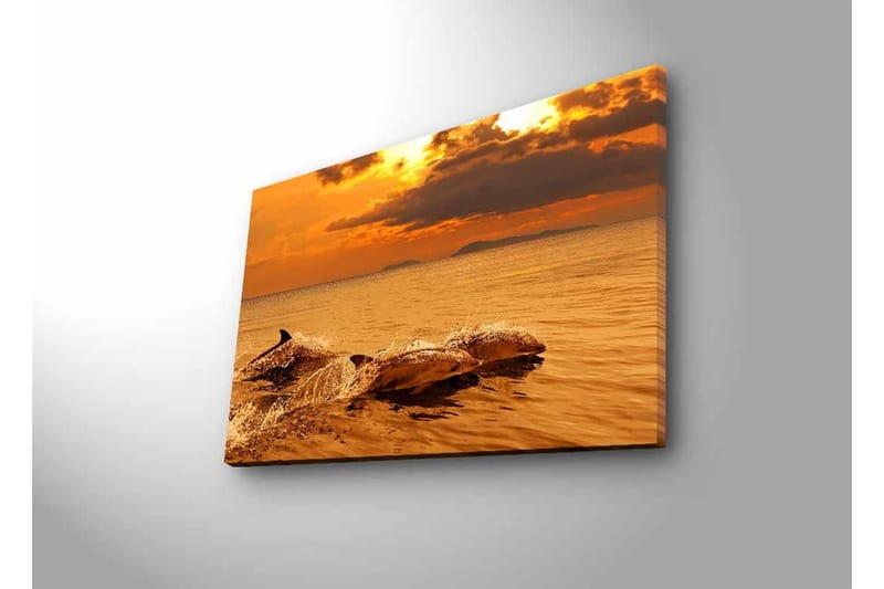 Canvastavla med LED-belysning - Delfiner som hoppar i solnedgångens glödande ljus - Guld / Orange / Brun - Inredning & dekor - Tavlor & konst - Canvastavla