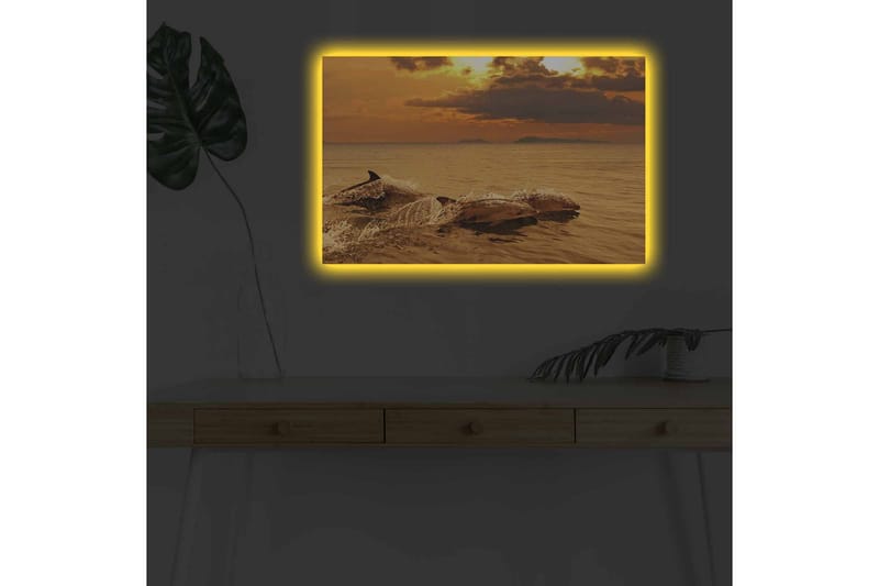Canvastavla med LED-belysning - Delfiner som hoppar i solnedgångens glödande ljus - Guld / Orange / Brun - Inredning & dekor - Tavlor & konst - Canvastavla