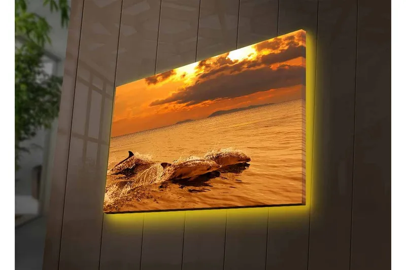 Canvastavla med LED-belysning - Delfiner som hoppar i solnedgångens glödande ljus - Guld / Orange / Brun - Inredning & dekor - Tavlor & konst - Canvastavla