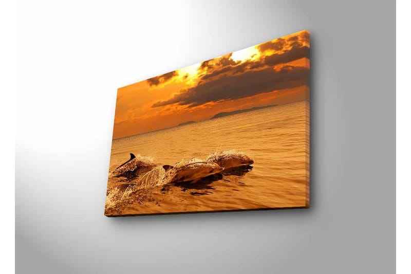 Canvastavla med LED-belysning - Delfiner som hoppar i solnedgångens glödande ljus - Guld / Orange / Brun - Inredning & dekor - Tavlor & konst - Canvastavla