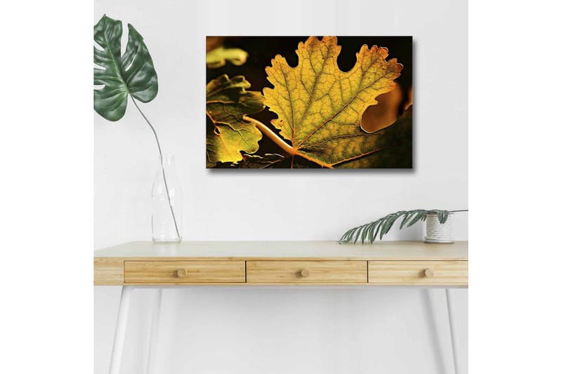 Canvastavla med LED-belysning - Detaljerad komposition av gröna och gyllene löv, Grön / Gyllene