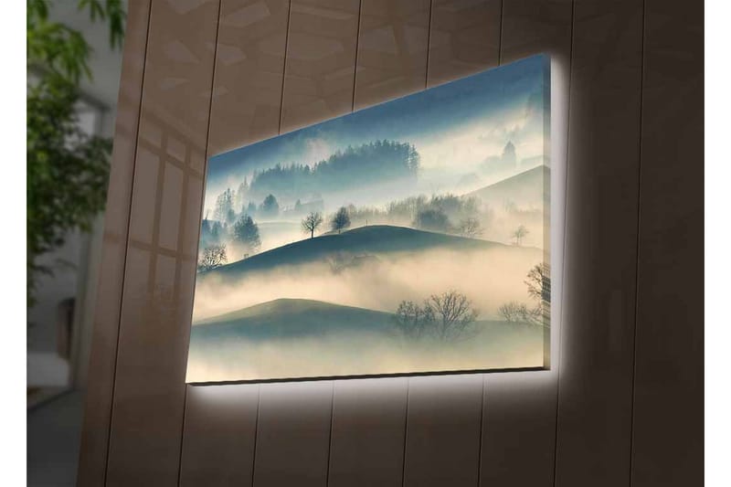 Canvastavla med LED-belysning - Dimma över böljande landskap med ensamma träd - Grå / Blå / Beige - Inredning & dekor - Tavlor & konst - Canvastavla