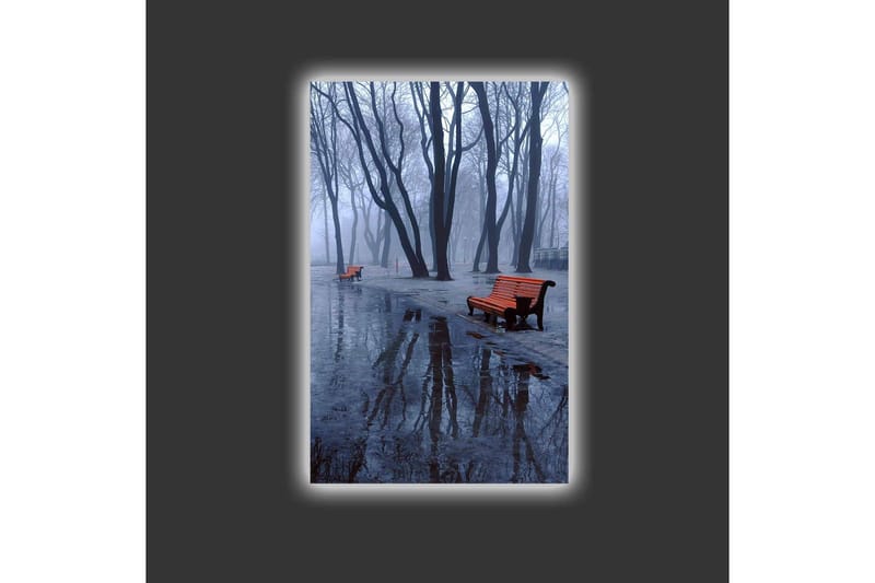 Canvastavla med LED-belysning - Dimma över en park med bänkar och reflektioner i vattenpölar - Mörkblå / Grå / Orange - Inredning & dekor - Tavlor & konst - Canvastavla