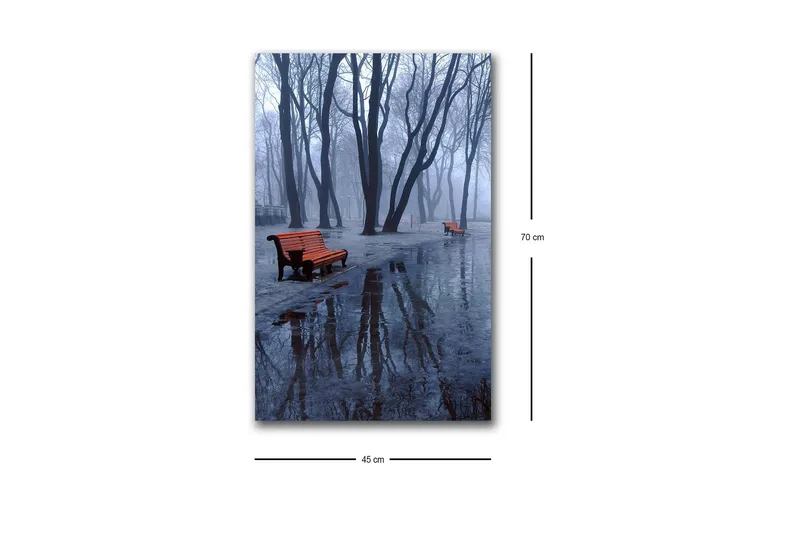 Canvastavla med LED-belysning - Dimma över en park med bänkar och reflektioner i vattenpölar - Mörkblå / Grå / Orange - Inredning & dekor - Tavlor & konst - Canvastavla