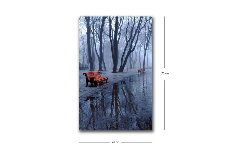 Canvastavla med LED-belysning - Dimma över en park med bänkar och reflektioner i vattenpölar - Mörkblå / Grå / Orange - Inredning & dekor - Tavlor & konst - Canvastavla