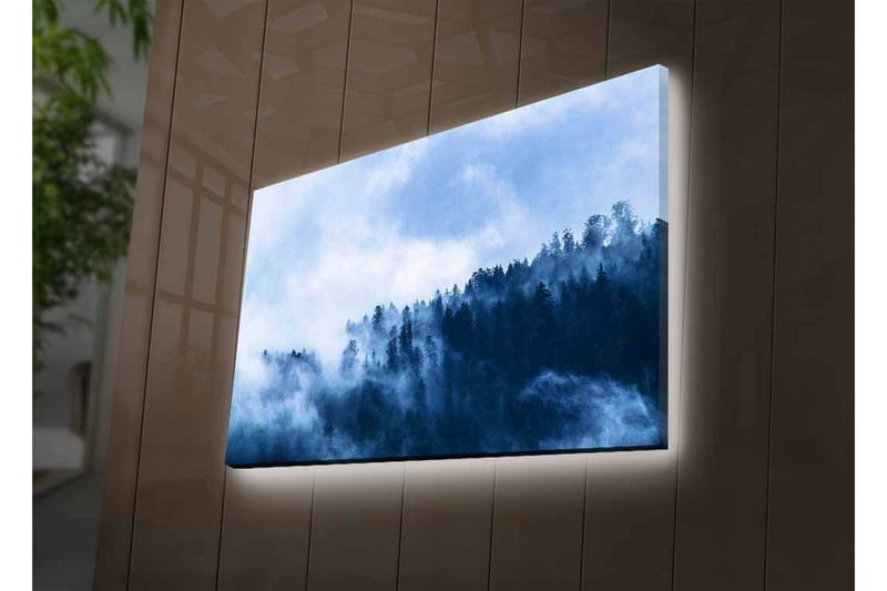 Canvastavla med LED-belysning - Dimma som sveper över en skog av höga träd - Mörkblå / Ljusblå / Grå - Inredning & dekor - Tavlor & konst - Canvastavla