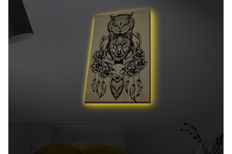 Canvastavla med LED-belysning - Djurkomposition med uggla, varg och rådjur omgiven av blommor och fjädrar - Svart / Beige - Inredning & dekor - Tavlor & konst - Canvastavla