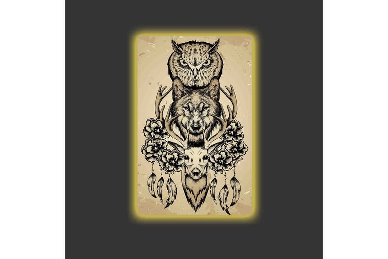 Canvastavla med LED-belysning - Djurkomposition med uggla, varg och rådjur omgiven av blommor och fjädrar - Svart / Beige - Inredning & dekor - Tavlor & konst - Canvastavla