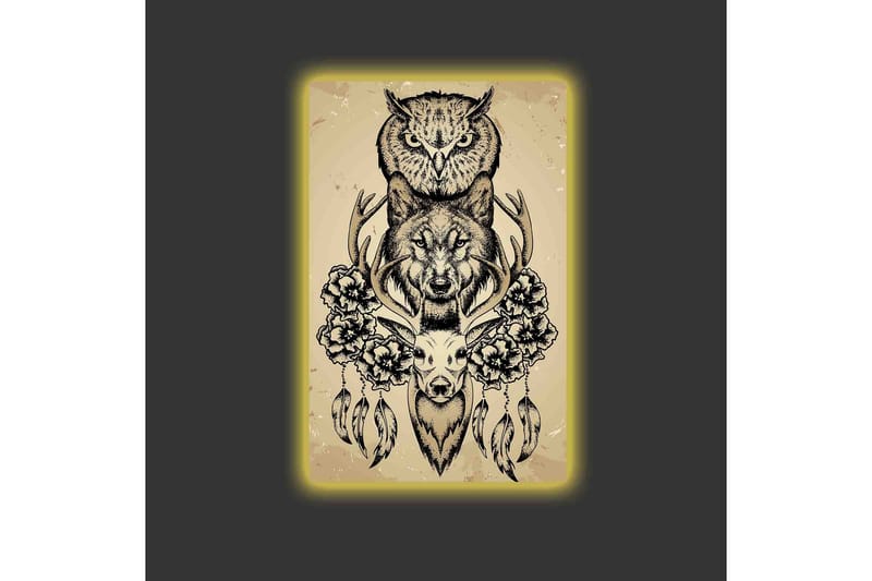 Canvastavla med LED-belysning - Djurkomposition med uggla, varg och rådjur omgiven av blommor och fjädrar - Svart / Beige - Inredning & dekor - Tavlor & konst - Canvastavla