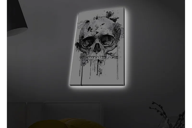 Canvastavla med LED-belysning - Dödskalle med abstrakta bläckdetaljer - Svart / Grå - Inredning & dekor - Tavlor & konst - Canvastavla