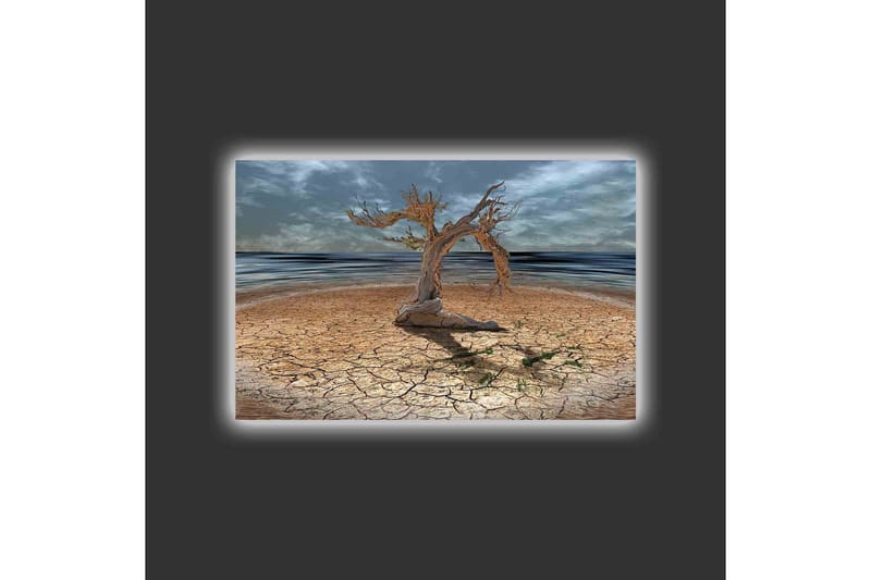 Canvastavla med LED-belysning - Dött träd på en sprucken jordyta vid havet - Brun / Grå / Blå - Inredning & dekor - Tavlor & konst - Canvastavla