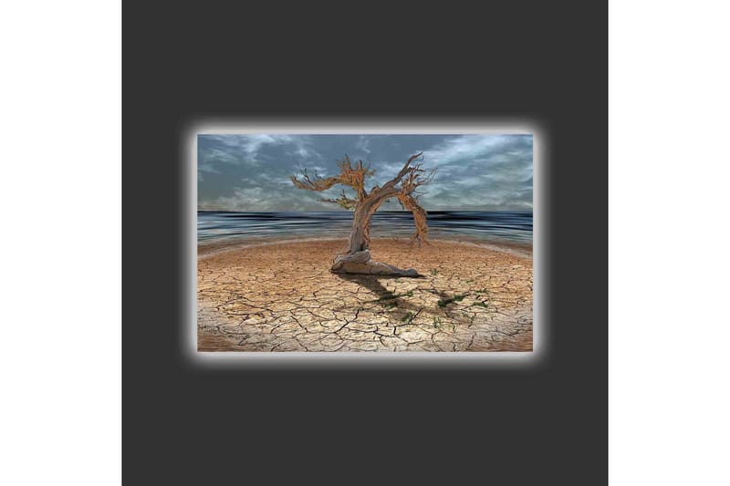 Canvastavla med LED-belysning - Dött träd på en sprucken jordyta vid havet - Brun / Grå / Blå - Inredning & dekor - Tavlor & konst - Canvastavla